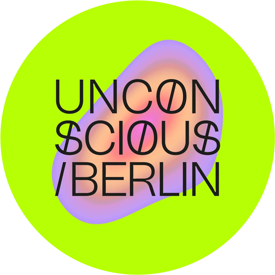 Unconscious Berlin: original black letterforms over a violet and peach gradient form inside an acid-green circle.